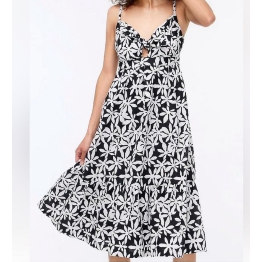 J.Crew Floral Tie-Front Black White Cotton Smocked Back Tiered Midi Dress‎ 2 EUC